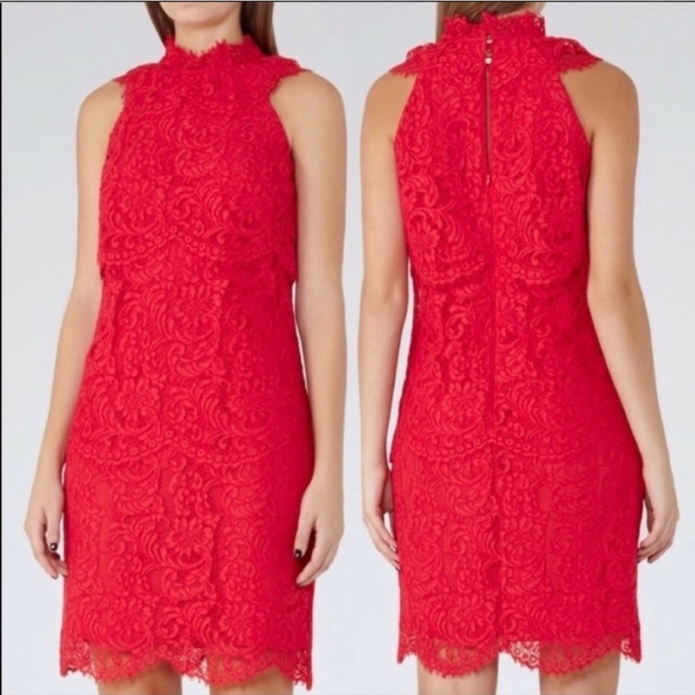Reiss Sophia Lace Overlay Tiered Ruffle Red Dress
